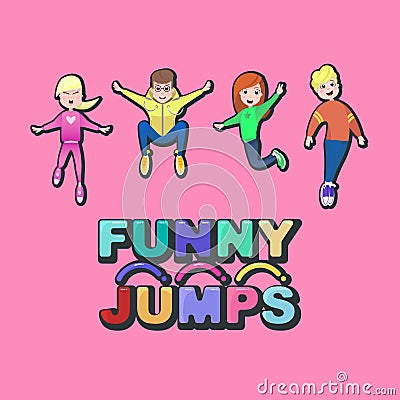 Cartoon characters, kids jumping, funny font. Vector Illustration